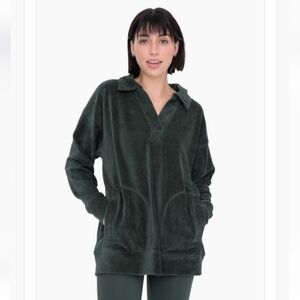 Mono B Green Soft Ribbed Velvet Collar Pullover Pockets Size M